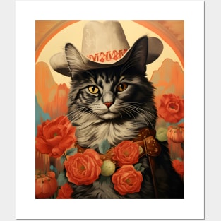 Retro Vintage Cowboy Maine Coon Cat - Whiskered Wild West Adventure Portrait Posters and Art